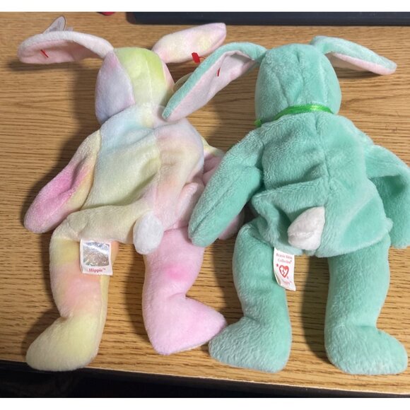 Ty Beanie Babies lot of 2 Green Hippity Tie Dye Hippie Bunny Rabbit Set VTG 96/9 - Picture 3 of 16